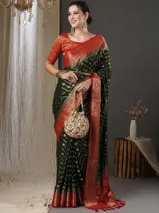 Anouk Green & Red Woven Design Zari Pure Georgette Kanjeevaram Saree