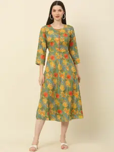 Anouk Green Floral Printed Pure Cotton A-Line Ethnic Dress