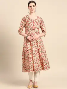 Anouk Beige Floral Printed Pure Cotton A-Line Kurta