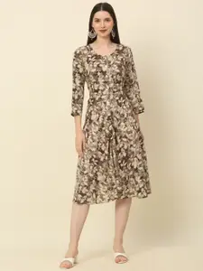 Anouk Brown Floral Printed Fit & Flare Ethnic Dress