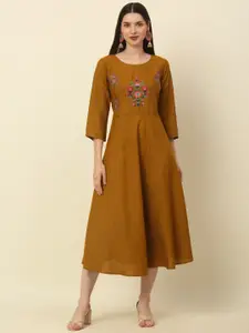 Anouk Mustard Yellow Floral Embroidered A-Line Ethnic Dress