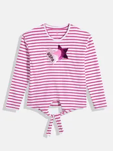 U.S. Polo Assn. Kids Girls Horizontal Stripes Pure Cotton Top With Sequinned Detail