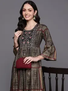 Indo Era Embroidered Bell Sleeve A-Line Midi Dress