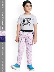 IndiWeaves Boys Pack of 2 Floral Print Mid-Rise Cotton Track Pants