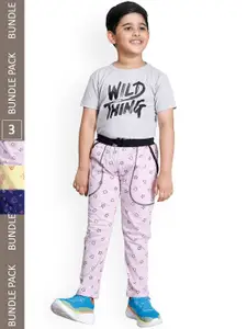 IndiWeaves Boys Pack Of 3 Graphic Printed Mid-Rise Cotton Track Pants