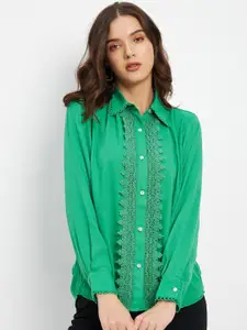 DELAN Shirt Collar Cuffed Sleeves Lace Up Detail Shirt Style Top