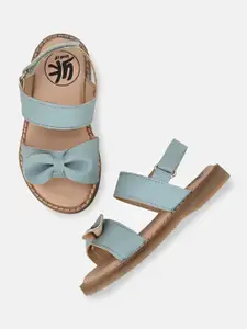 YK Girls Blue Open Toe Flats With Bows & Velcro Closure