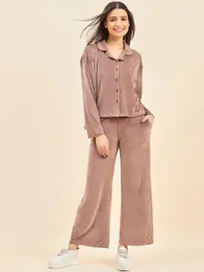 Sweet Dreams Cuban Collar Long Sleeves Top With Trousers