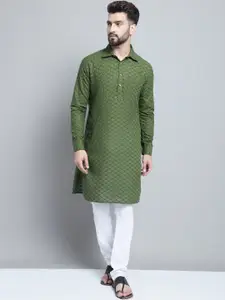 TREEMODA Green Chikankari Spread Collar Cotton Straight Pathani Kurta
