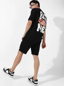 Campus Sutra Black Printed Oversized T-shirt & Shorts