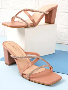 DressBerry Peach-Coloured Embellished Open Toe Block Heels