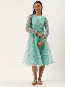 Ethnovog Floral Print Puff Sleeve A-Line Midi Dress
