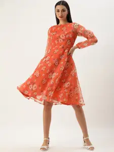 Ethnovog Floral Print Puff Sleeves Boat Neck A-Line Organza Dress