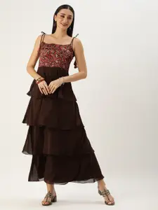 Ethnovog Ethnic Motifs Print Layered Georgette A-Line Maxi Ethnic Dress