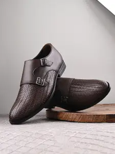 House of Pataudi Men Textured Formal Double Monk Shoes With Buckle Detail