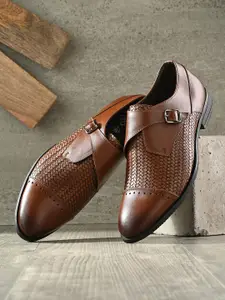 House of Pataudi Men Textured Formal Monk Shoes With Buckle Detail