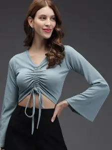 BAESD Flared Sleeves Gathered Crepe Fitted Crop Top