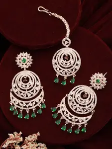 Jazz and Sizzle Rose Gold-Plated American Diamond Studded Maang Tikka And Earrings Set