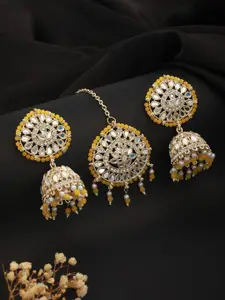 Aadvik Designs Gold-Plated Stone-Studded & Pearls-Beaded Mang Tika With Earring