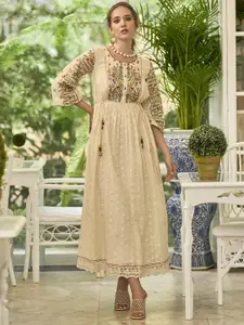 Indo Era Floral Embroidered Round Neck Tie-Ups Detail Cotton Maxi Dress With Dupatta