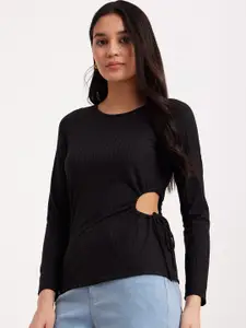 FableStreet Round Neck Long Sleeve Cut Out Ribbed Top