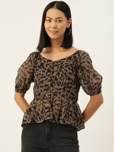 Slenor Animal Print Sweetheart Neck Puff Sleeve Georgette Peplum Top