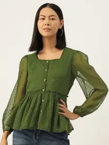 Slenor Olive Green Geometric Puff Sleeve Peplum Top
