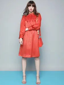 Vero Moda High Neck Cuffed Sleeve Embroidered Fit & Flare Dress