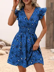 StyleCast Blue Floral Print Flutter Sleeves Fit & Flare Dress