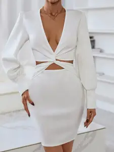 StyleCast White V-Neck Cuffed Sleeves Sheath Dress