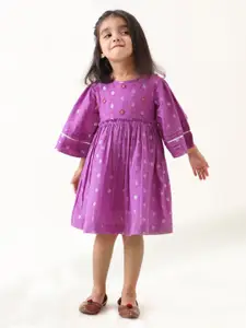 Jilmil Girls Polka Dots Printed Flared Sleeves Embellished Cotton Fit & Flare Dress