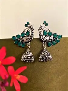 ATIBELLE Silver-Plated Stone Studded Peacock Shaped Jhumkas Earrings