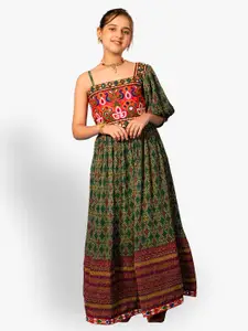 Jilmil Ethnic Printed Accordion Pleated One Shoulder Puff Sleeves Maxi Fit & Flare Dress