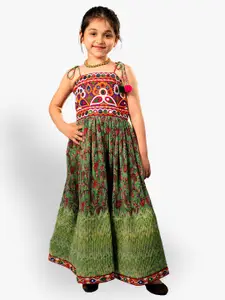 Jilmil Ethnic Printed Accordion Pleated Embroidered Cotton Maxi Fit & Flare Dress