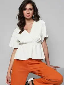 Vero Moda Self Design V-Neck Flared Sleeve Smocked Wrap Top