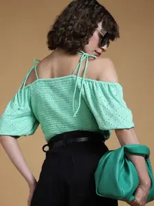Vero Moda Self Design Shoulder Straps Puffed Sleeves Smocking Crop Top