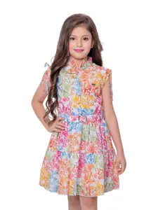 Tiny Baby Floral Printed Tie-Up Neck Fit & Flare Dress with Belt
