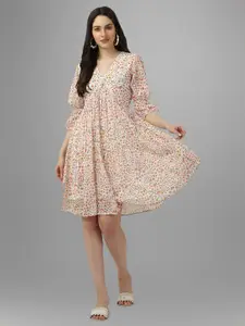 Masakali.Co Floral Printed V-Neck Puff Sleeves Georgette A-Line Dress