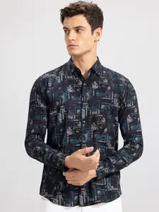 Snitch Black Classic Slim Fit Floral Printed Cotton Casual Shirt