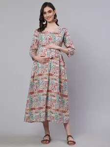 Nayo Red & Blue Paisley Printed Round Neck Maternity Feeding Cotton A-Line Dress