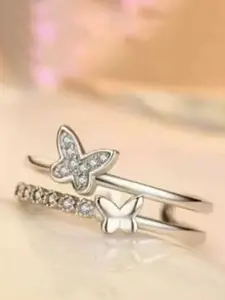 MEENAZ Silver Plated AD Studded & Butterfly Shaped Couple Ring