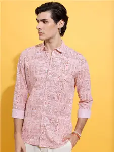 HIGHLANDER Peach-Coloured Slim Fit Tribal Printed Cotton Casual Shirt
