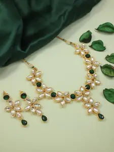 I Jewels Gold-Plated Green Meenakari  Necklace Earrings & Maang Tikka Set