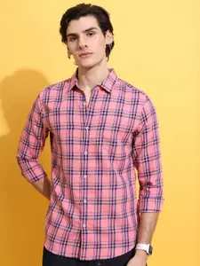 HIGHLANDER Pink Slim Fit Checked Casual Shirt
