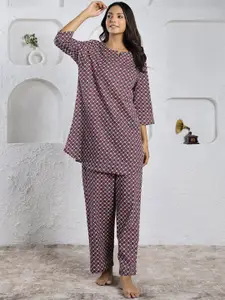 SANSKRUTIHOMES Black & Red Ethnic Motifs Printed Pure Cotton Kurti With Pyjama Night Suit