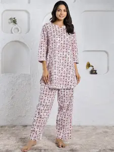 SANSKRUTIHOMES Pink Ethnic Motifs Printed Pure Cotton Night suit