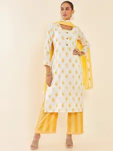 Soch Cream-Coloured & Yellow Paisley Printed Sequinned Unstitched Dress Material