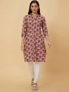 Globus Brown Floral Printed Mandarin Collar Pure Cotton Straight Kurta