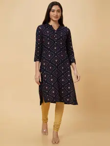 Globus Navy Blue & Yellow Colour Geometric Printed Mandarin Collar Straight Kurta