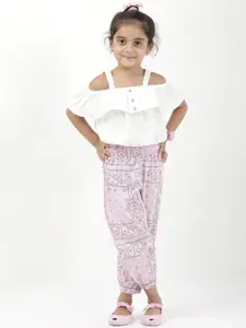 Budding Bees Girls Cold-Shoulder Pure Cotton Top With Printed Trousers